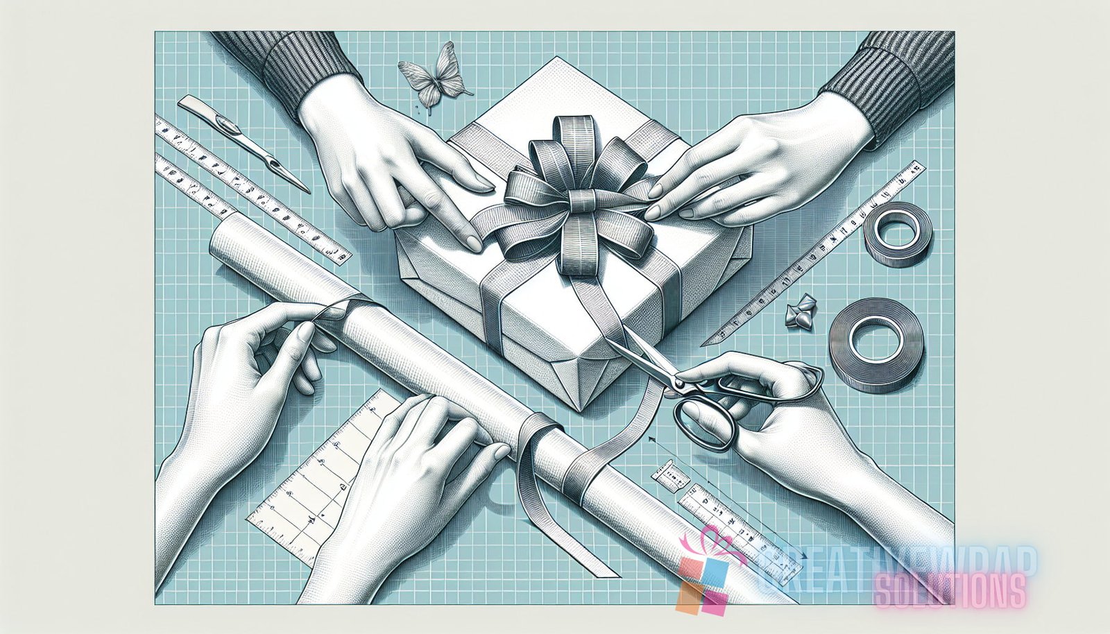 Illustration for section: Choose a ribbon that complements the wrapping paper. Measure and cut the ribbon, leaving enough leng - gift wrapping techniques